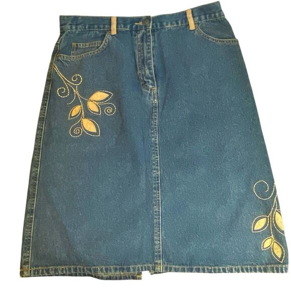 Embroidered Denim Midi Skirt Yellow Floral Modest A-Line Skirt Size 10 Style & C - Picture 1 of 4